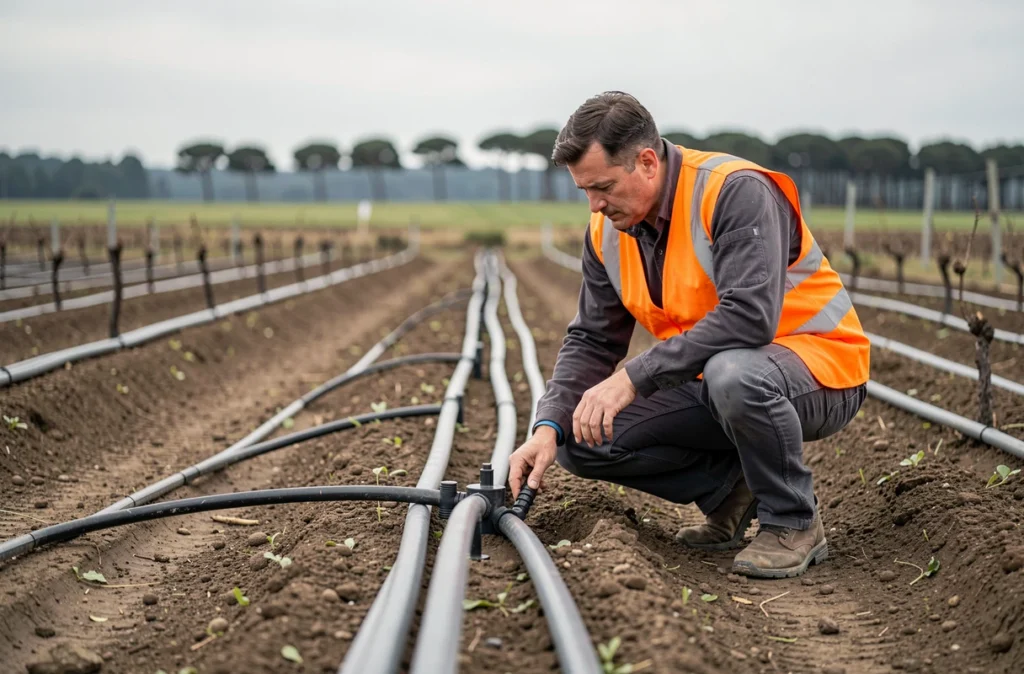 Technicien inspectant un réseau de goutte-à-goutte dans une parcelle agricole en Gironde pour Espace Arrosage 2000