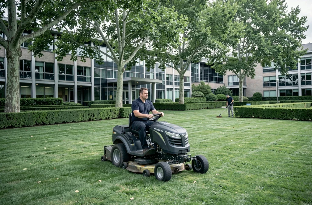 Équipe professionnelle entretenant les espaces verts d'un bâtiment institutionnel en Gironde pour Espaces Verts Services