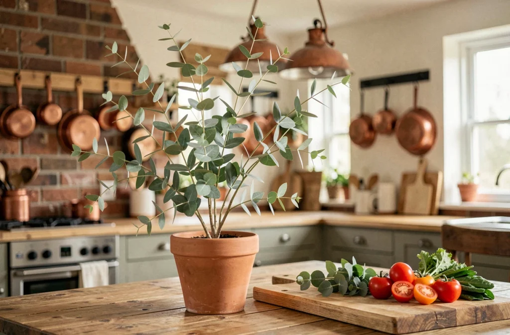 Plante d'eucalyptus en pot sur une table de cuisine rustique entourée de légumes frais, solution naturelle pour repousser les mouches autour des aliments
