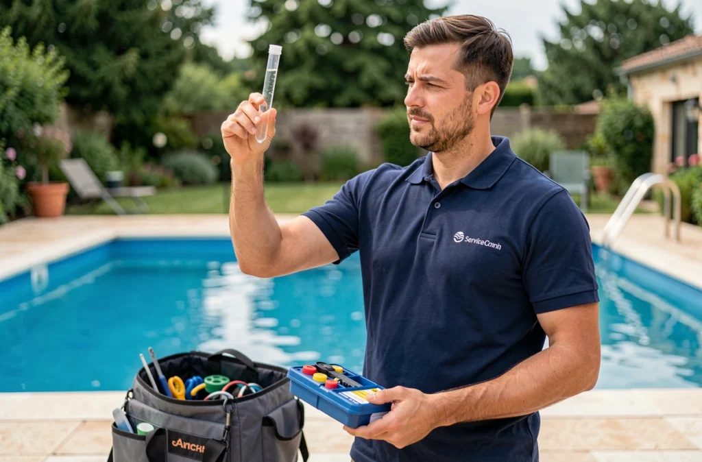 Technicien de FCA Service analysant un échantillon d'eau au bord d'une piscine résidentielle dans les Pays de la Loire