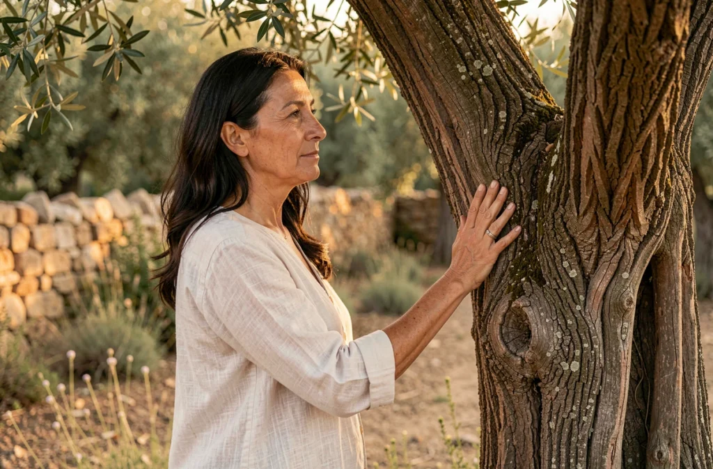 Femme en contemplation spirituelle appuyant la main sur un olivier ancien, symbolisant la connexion à la nature sacrée