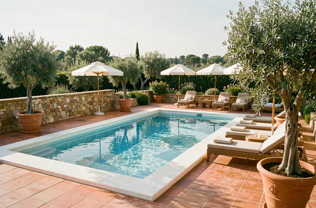Piscine de style riviera avec carrelage terracotta et oliviers en pot réalisée par Groupe Riviera dans un jardin français
