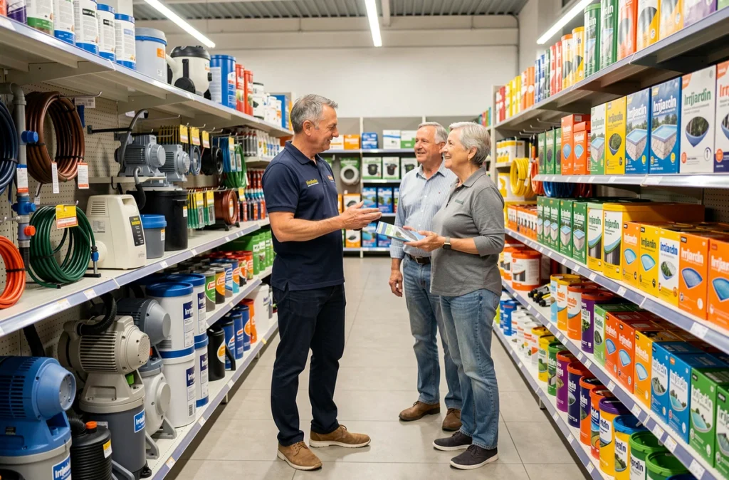 Conseiller Irrijardin Nantes présentant des équipements de piscine et d'irrigation à des clients dans le magasin