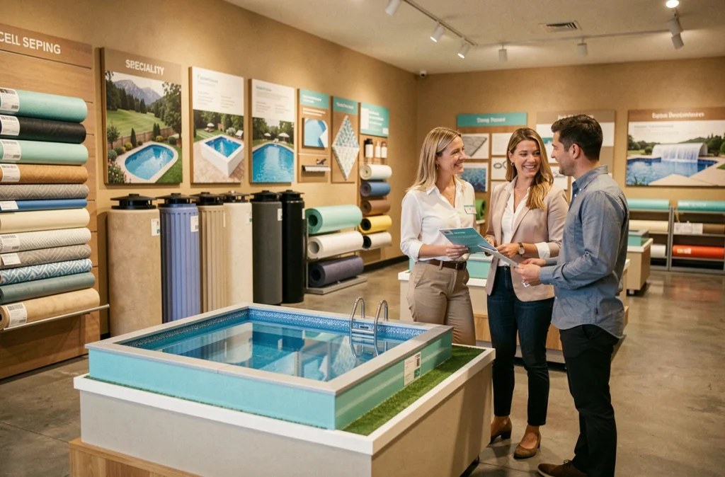Showroom de La Maison de la Piscine avec des maquettes et revêtements exposés et une conseillère accompagnant des clients