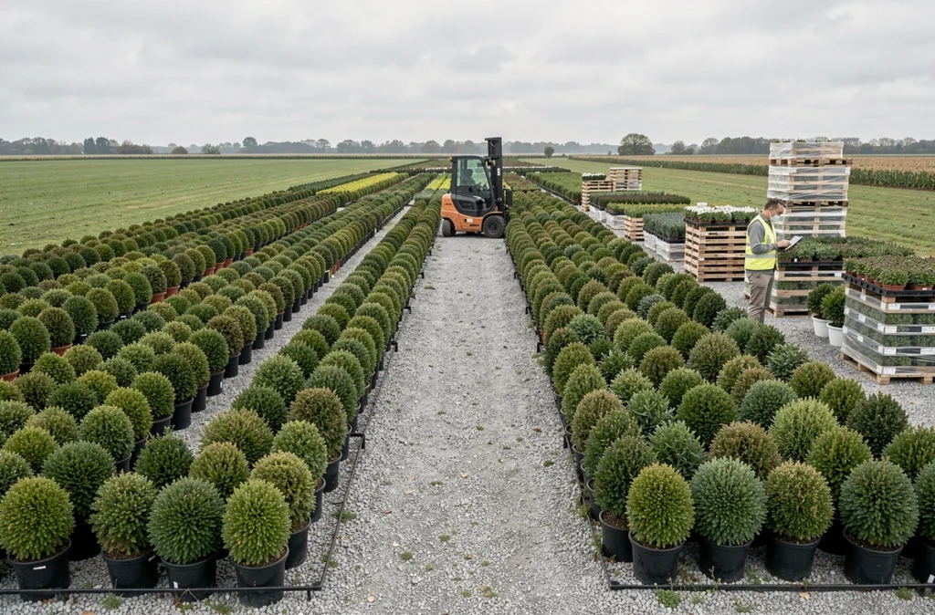 Vaste espace de stockage de la pépinière Leaderplant aux Sorinières avec des rangées de plantes en conteneurs prêtes à l'expédition