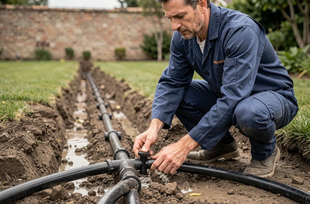 Technicien installant un système d'arrosage automatique souterrain dans un jardin résidentiel à Bordeaux pour Les Arroseurs Paysage