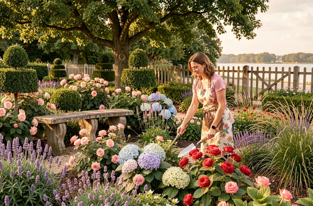 Paysagiste passionnée soignant un jardin fleuri et coloré au Teich pour Les Iles Fleuries