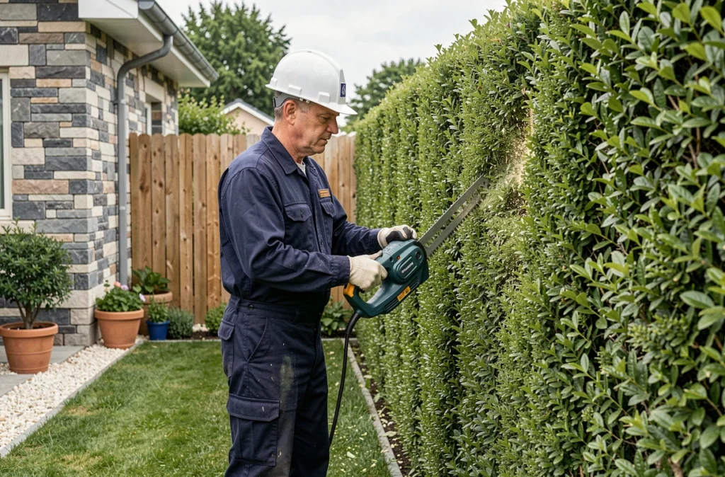 Agent des Jardins De B&m entretenant une haie dans un jardin résidentiel à Sèvremoine