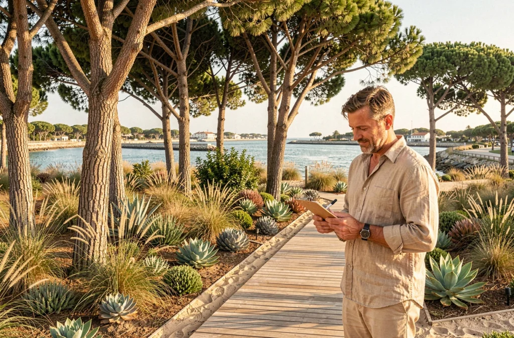 Paysagiste inspectant un jardin côtier avec pins maritimes et végétation native au Bassin d'Arcachon pour Les Paysages d'Antoine