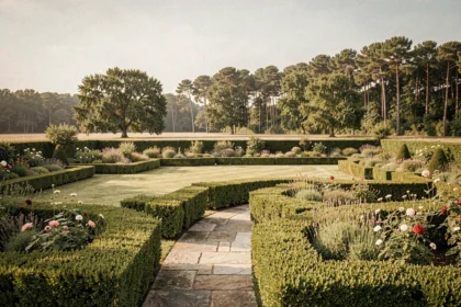 Vue panoramique d'un jardin paysager soigné en Gironde avec allées, haies taillées et arbres en arrière-plan