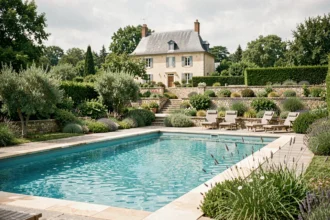 Vue panoramique d'une belle piscine résidentielle dans les Pays de la Loire entourée d'un jardin verdoyant