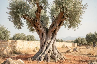 Olivier millénaire au tronc noueux dans un paysage méditerranéen, symbole spirituel de paix et de sagesse ancienne