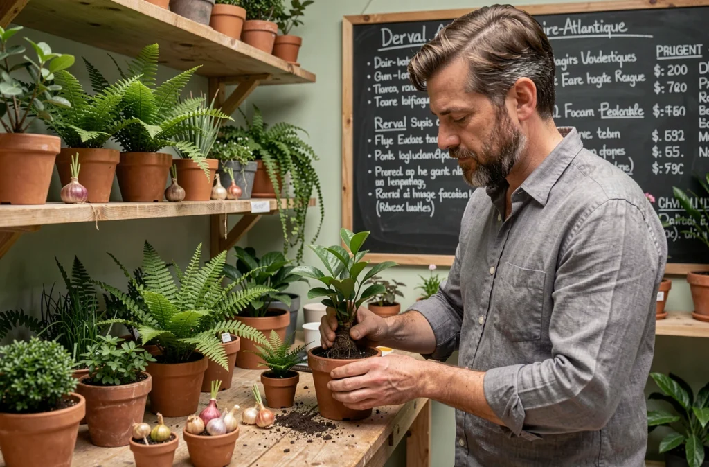 Micro-pépinière de niche de la Pépinière des Loriots à Derval avec des plantes rares et des étagères artisanales en bois
