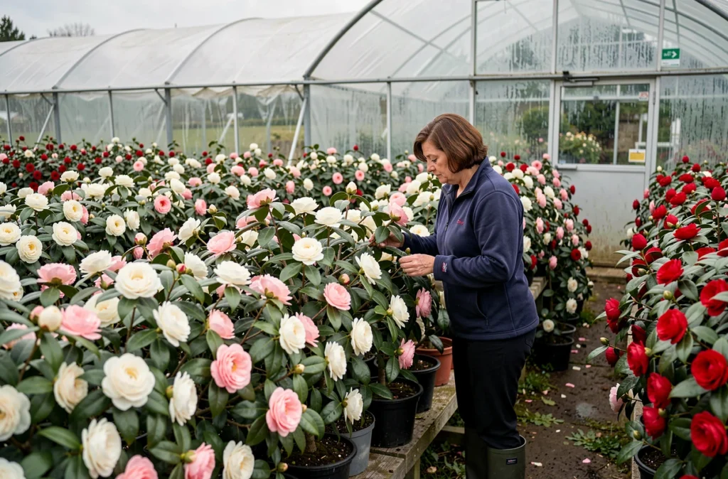 Collection de camélias en fleurs de la Pépinière Joël Lemaitre à Carquefou, avec des variétés aux teintes blanches, roses et rouges