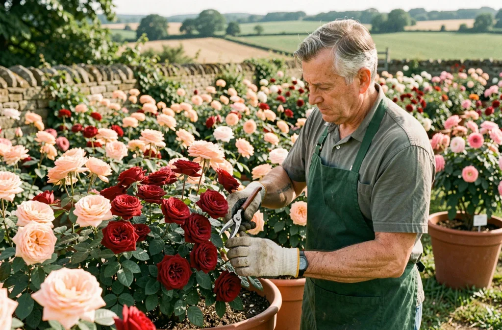 Pépiniériste de la Pépinière Dauguet en Maine-et-Loire taillant des Décorosiers en fleurs dans une collection spécialisée de rosiers