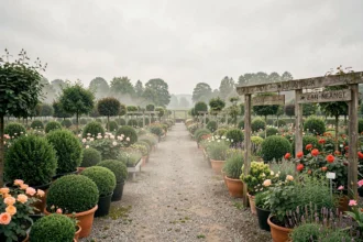 Vue panoramique d'une pépinière en Pays de la Loire avec des rangées de plantes en pot, arbustes et arbres ornementaux sur des allées en gravier