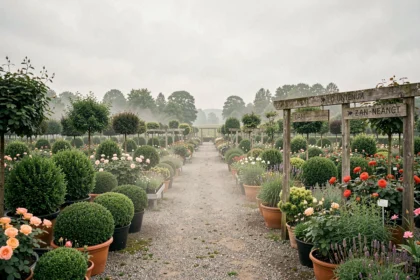 Vue panoramique d'une pépinière en Pays de la Loire avec des rangées de plantes en pot, arbustes et arbres ornementaux sur des allées en gravier
