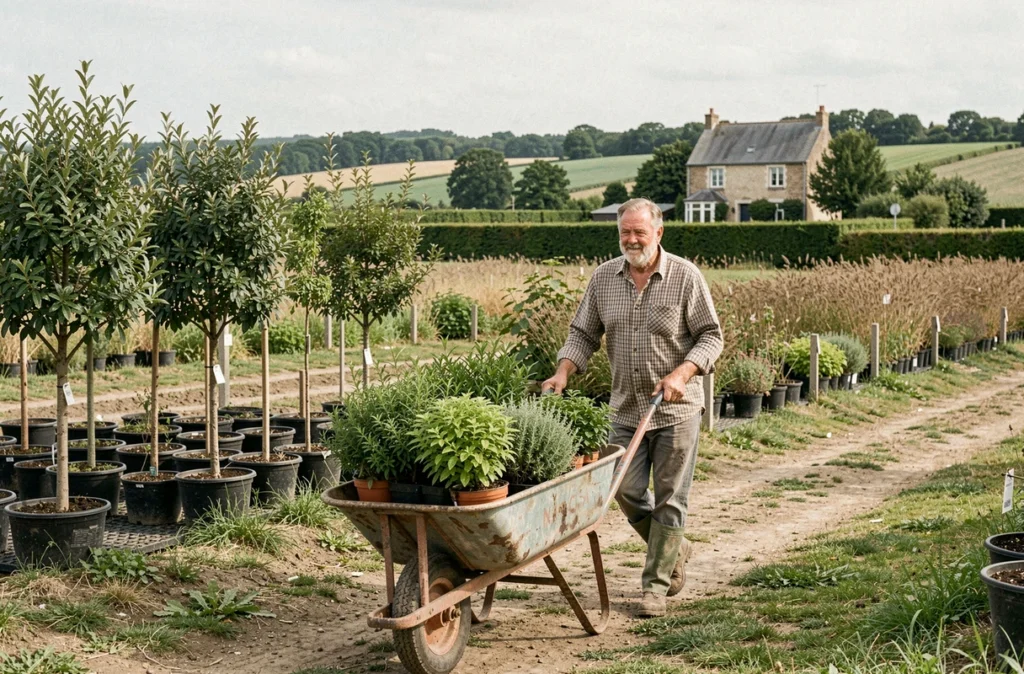 Pépiniériste des Pépinières du Val d'Erdre à Saint-Mars-du-Désert transportant des arbustes produits localement dans un cadre rural