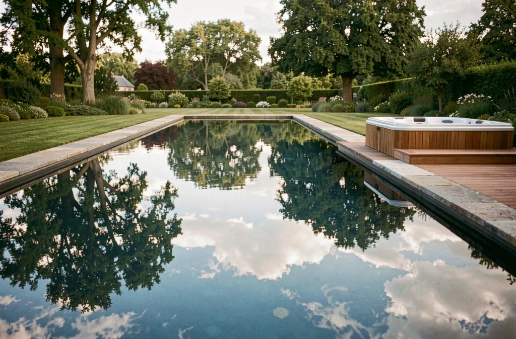 Piscine miroir à débordement reflétant le ciel et les arbres avec un spa en bois adjacent dans un domaine français