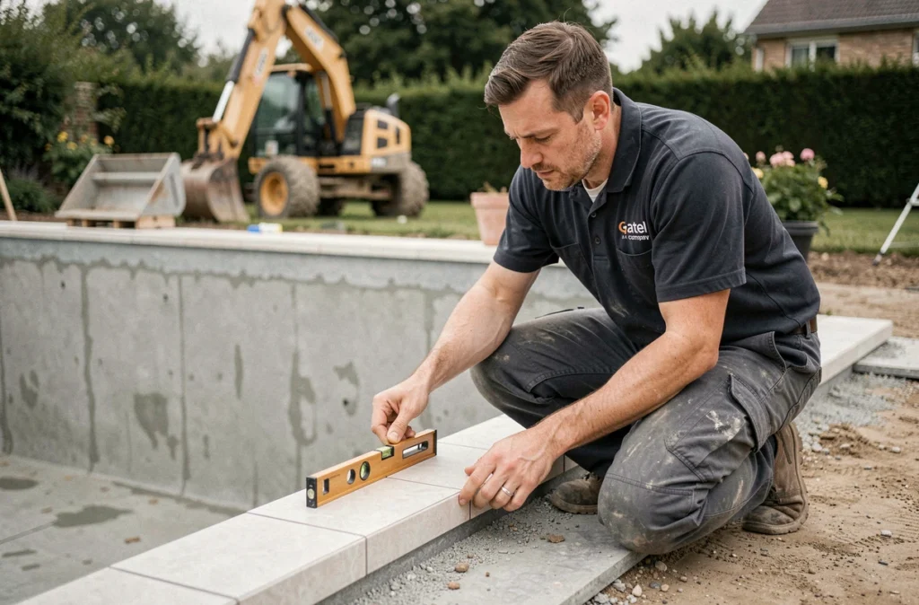 Artisan de Piscines Gatel inspectant les carrelages d'une piscine en cours de construction dans un jardin des Pays de la Loire