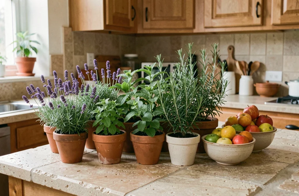 Arrangement de plantes aromatiques lavande menthe et romarin sur un plan de travail en pierre dans une cuisine familiale pour éloigner les mouches naturellement