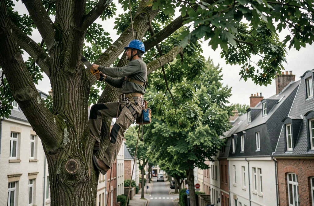 Arboriste de Racines et Cimes en train d'élaguer un arbre urbain à Nantes