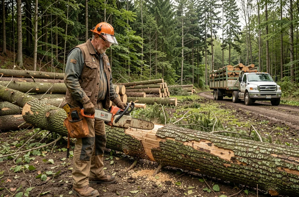 Arboriste de Rouet supervisant un abattage d'arbre dans une forêt des Mauges en Maine-et-Loire