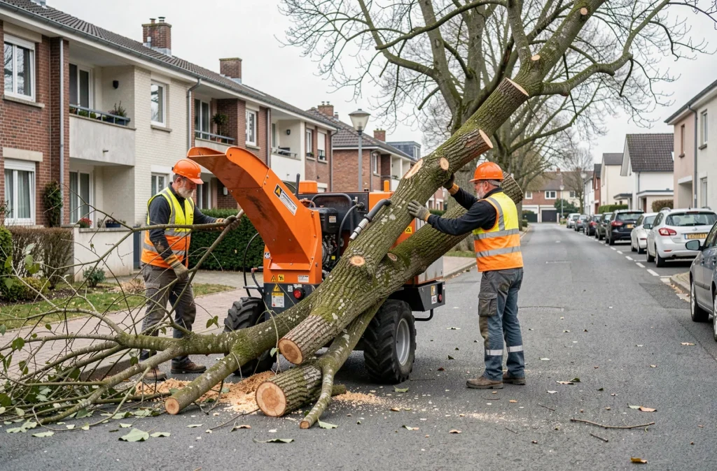 Équipe de la Sarl Fouquets utilisant un broyeur de branches lors d'un chantier d'élagage à Nantes