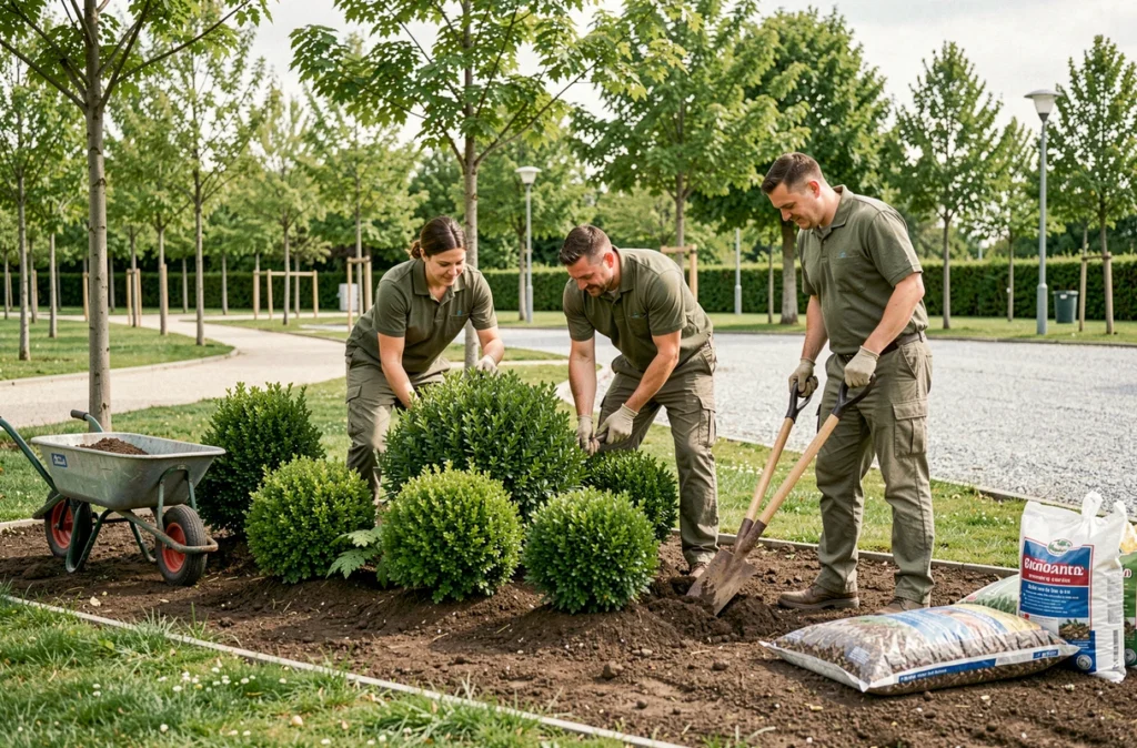 Équipe coopérative de paysagistes travaillant ensemble à l'aménagement d'un espace vert public en Gironde pour SCOP Aménagement Jardins