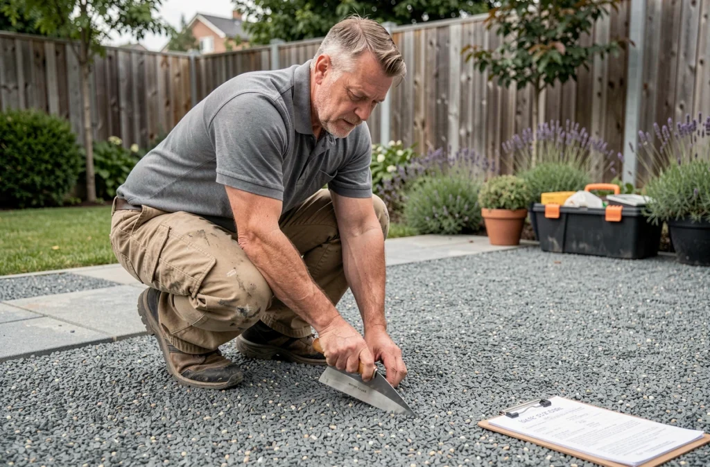 Artisan posant un sol en gravier et résine dans un jardin avec devis de travaux visible