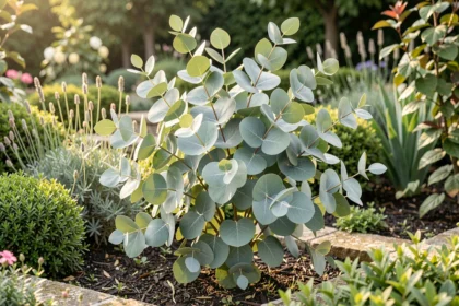 Gommier cidre au feuillage bleu argenté dans un massif de jardin