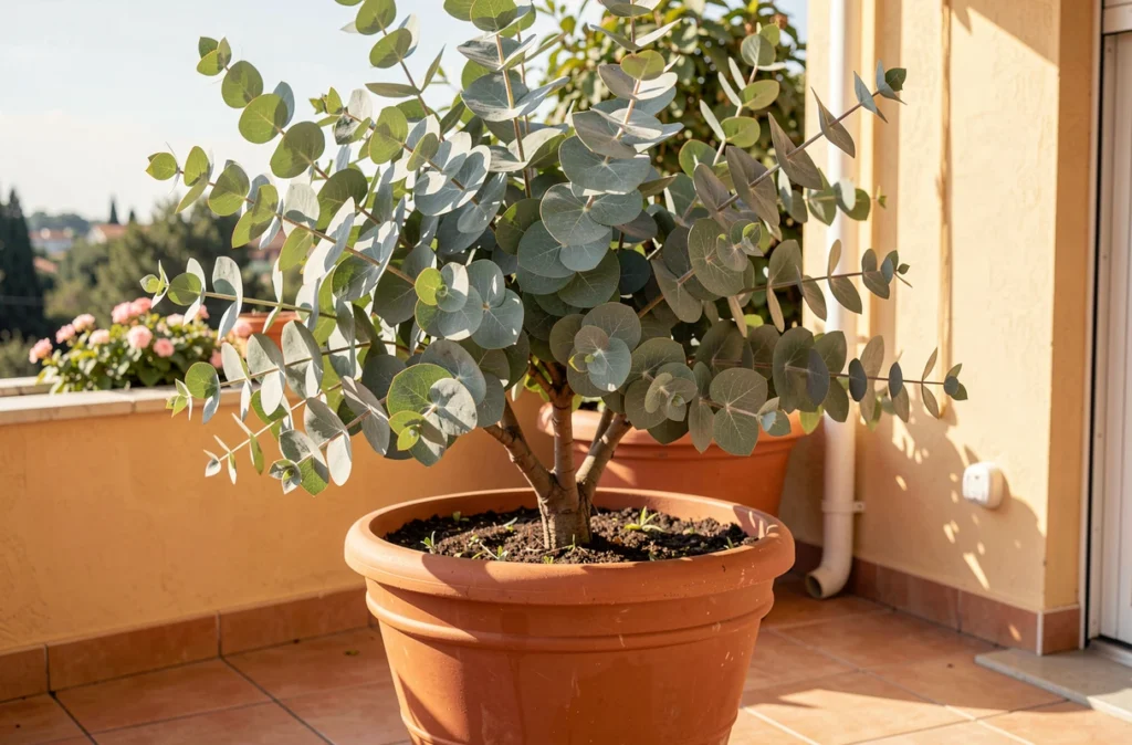 Gommier cidre cultivé dans un grand pot sur une terrasse