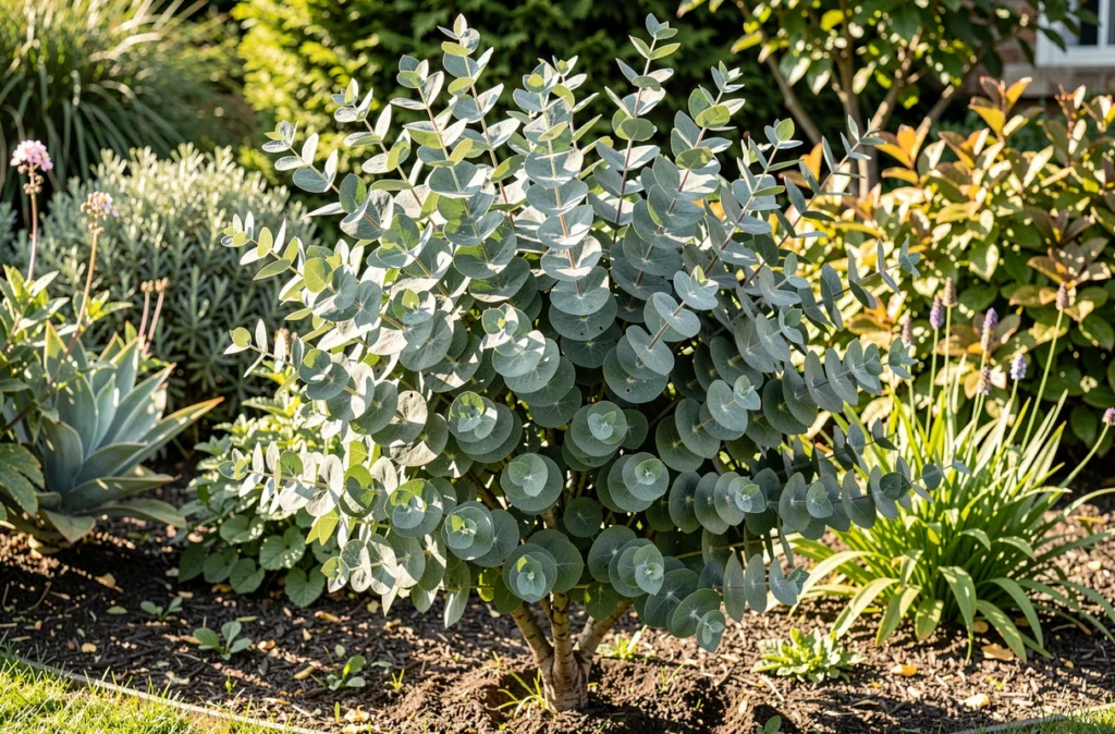 Jeune eucalyptus gunnii buissonnant planté dans un massif ensoleillé